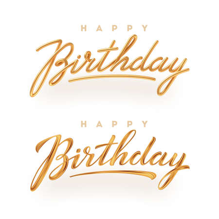Set of birthday golden calligraphy. 3d golden calligraphy, Golden brush stroke calligraphy. Happy birthday typography vector design.のイラスト素材