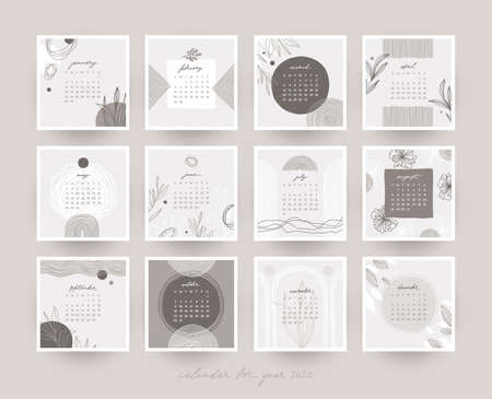 2022 calendar template. Set of minimal style calendar pages. Poster with botanical elements. Scandinavian style hand drawn design. Vector illustration.のイラスト素材