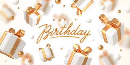 Birthday greeting design. Background with 3d white gift boxes with golden ribbon and bow. Birthday celebration concept. Vector illustration.のイラスト素材