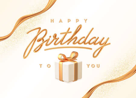 Birthday greeting card. 3d greeting calligraphy and gift box with golden bow. Vector illustration.のイラスト素材