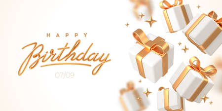 Birthday greeting design. Background with 3d white gift boxes with golden ribbon and bow. Birthday celebration concept. Vector illustration.のイラスト素材