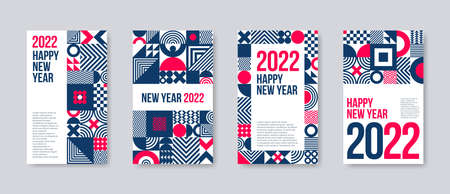 2022 new year greeting card set. Poster set with geometric shapes and pattern. Monochrome design with red elements. Design for greeting card, poster, cover, invitation, Vector illustration.のイラスト素材