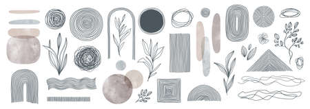 Set of elements for wall art minimal poster. Scandinavian style hand drawn wall art decor. Abstract line art design elements. Can be used for cover, print, poster, wall decoration. Vector illustration.のイラスト素材