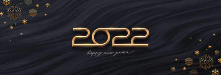 2022 new year greeting card with golden number of year and snowflakes on a black waves abstract background. Design for invitation, calendar, greeting card, etc.のイラスト素材