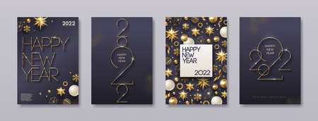 Set of greeting card with golden 2022 New Year logo. New year golden sign, Background with Christmas decor. Vector illustration. Holiday design for greeting card, invitation, cover, calendar, etc.のイラスト素材