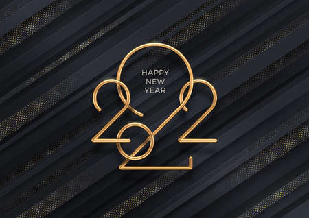 2022 new year golden logo. Realistic gold metal number of year on a black abstract background with golden halftone. Greeting card, Vector illustration.のイラスト素材
