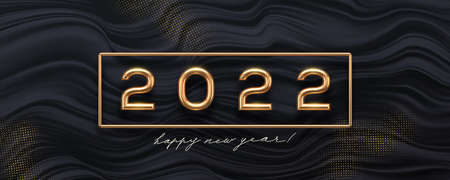 2022 new year golden logo on abstract black waves background. Greeting design with realistic gold metal number of year. Design for greeting card, invitation, calendar, etc.のイラスト素材