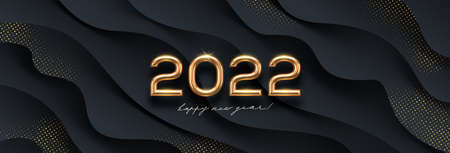 2022 new year golden logo on abstract black waves background. Greeting design with realistic gold metal number of year. Design for greeting card, invitation, calendar, etc.のイラスト素材