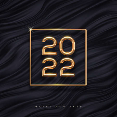 2022 new year golden logo on abstract black waves background. Greeting design with realistic gold metal number of year. Design for greeting card, invitation, calendar, etc.のイラスト素材