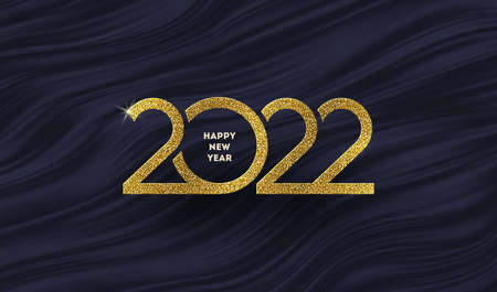2022 new year logo on abstract black waves background. Greeting design with glitter gold number of year. Design for invitation, calendar, greeting card, etc.のイラスト素材
