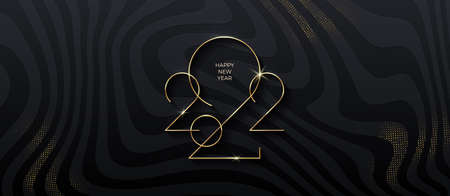 Golden 2022 New Year logo on black striped background with glitter gold. Holiday greeting card. Vector illustration. Holiday design for greeting card, invitation, calendar, etc.のイラスト素材