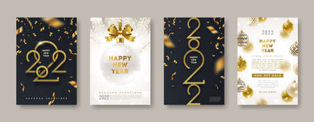 Set of greeting card with golden 2022 New Year logo. New year glitter gold sign, Vector illustration. Holiday design for greeting card, invitation, cover, calendar, etc.のイラスト素材