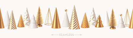 Seamless background with different style Christmas tree. White and golden 3d render realistic Christmas trees cone. Christmas decorations. Vector illustration.のイラスト素材
