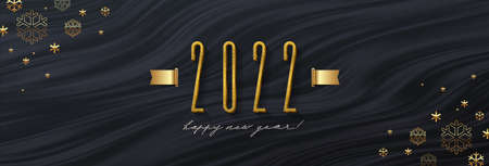 2022 new year greeting card with golden number of year and snowflakes on a black waves abstract background. Design for invitation, calendar, greeting card, etc.のイラスト素材