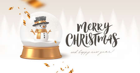 Christmas greeting card with snowglobe. Realistic 3d render snow globe with snowman. Vector illustration.のイラスト素材
