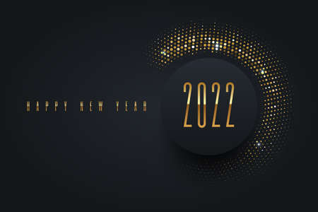2022 new year logo with shining golden halftone on black background. Luxury template design. Vector illustration.のイラスト素材