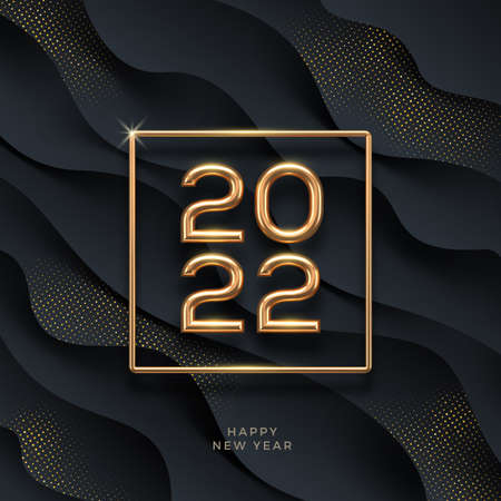 2022 new year golden logo on abstract black waves background. Greeting design with realistic gold metal number of year. Design for greeting card, invitation, calendar, etc.のイラスト素材