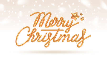 Christmas greeting card. 3d render realistic gold metal calligraphy with golden stars. Vector illustration.のイラスト素材