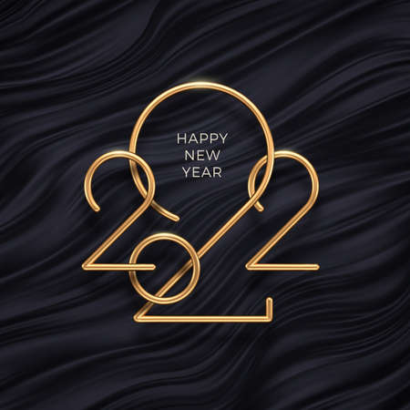 Realistic gold metal logo of 2022 new year on black waves abstract background. New year greeting card. Design for poster, flyer, invitation, postcard, advertising.のイラスト素材