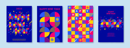 Bright color greeting card set with 2022 new year logo. Greeting design with multicolored number of year. Design for greeting card, invitation, cover, poster, calendar, etc.のイラスト素材