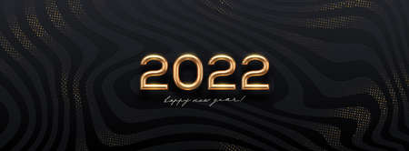2022 new year golden logo on abstract black waves background. Greeting design with realistic gold metal number of year. Design for greeting card, invitation, calendar, etc.のイラスト素材
