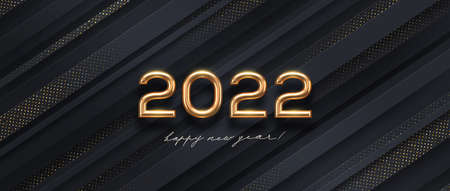 2022 new year golden logo. Realistic gold metal number of year on a black striped background with...