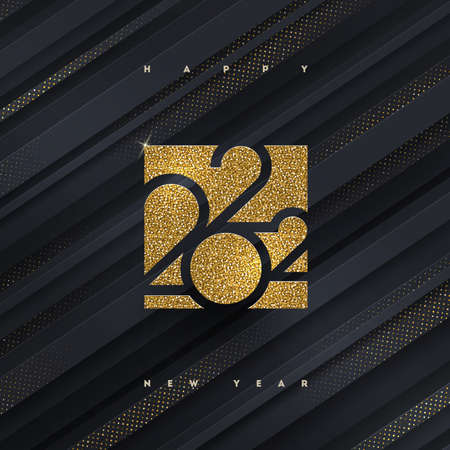 2022 new year golden logo on a black striped abstract background with golden halftone. Greeting card, Vector illustration.のイラスト素材
