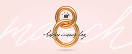 8 March - happy women's day vector illustration. Realistic 3d gold metal number eight and hand drawn script greeting on a neon light background. Design for greeting card, invitation, flyer and etc.のイラスト素材