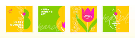 Set of Happy women's day greeting card. March 8 Holiday poster with type design and tulip flower. Design for greeting card, cover, invitation, flyer and etc. International women's day vector illustration.のイラスト素材