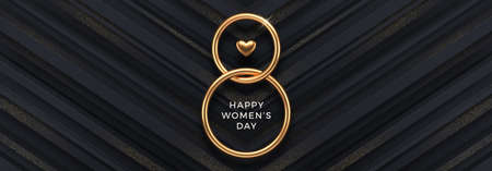 8 March - happy women's day vector illustration. Realistic gold metal number eight and heart on a black background with golden halftone. Design for greeting card, invitation, poster or flyer.のイラスト素材