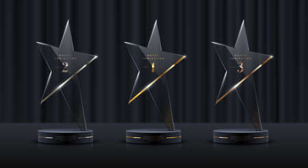 Glass award trophy set. Star shape transparent prize template. Winner first place concept. vector illustration.のイラスト素材