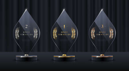 Glass award trophy set.Transparent prize template with golden palm branch. Winner first place concept. vector illustration.のイラスト素材