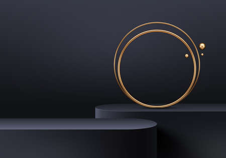 Black podium for premium product presentation. Podium stage with golden rings. Minimal scene with podium, Vector illustration.のイラスト素材