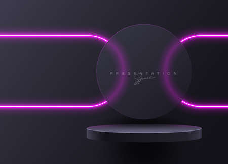 Black Podium with neon light elements. Premium product presentation space. Podium stage with neon light. Minimal scene with podium, Vector illustration.のイラスト素材