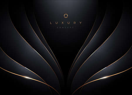 Black background with layered 3d abstract curve shape. Minimal luxury template design with gold. vector illustration,のイラスト素材