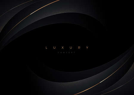 Black background with layered 3d abstract curve shape. Minimal luxury template design with gold. vector illustration,のイラスト素材