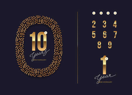 Anniversary golden logo with realistic 3d golden frame. There is additional elements for compiling any dates. vector illustration.のイラスト素材