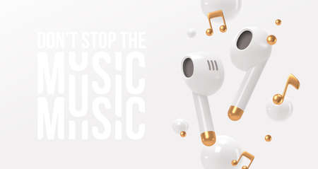 Realistic white portable wireless headphones with golden notes. 3d render wireless Earbuds. Don't stop the music vector illustration.のイラスト素材