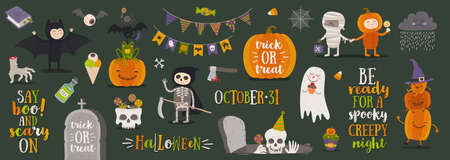 Set of halloween cartoon characters, symbols, objects and items. vector illustration.のイラスト素材