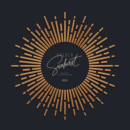 Realistic gold metal sunburst rays on dark background and copy space. 3d render vector illustration.のイラスト素材