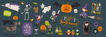 Set of halloween cartoon characters, symbols, objects and items. vector illustration.のイラスト素材