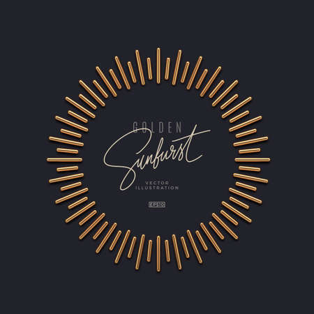 Realistic gold metal sunburst rays on dark background and copy space. 3d render vector illustrationのイラスト素材