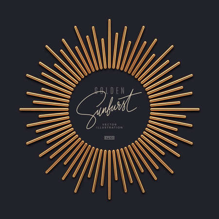 Realistic gold metal sunburst rays on dark background and copy space. 3d render vector illustrationのイラスト素材