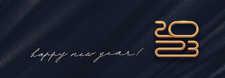 2023 new year golden logo on abstract black textile background. Greeting design with realistic gold metal number of year. Design for greeting card, invitation, calendar, etc.のイラスト素材