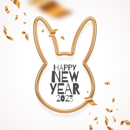 New year greeting card with golden rabbit outline and confetti. Year of the rabbit vector illustration.のイラスト素材