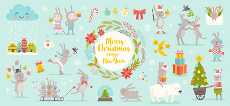 Year of the rabbit vector illustration. Set of cute rabbit cartoon characters. New year bunny and design elements for greeting card.のイラスト素材