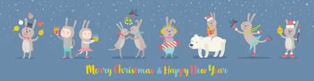 Year of the rabbit vector illustration. Set of cute rabbit cartoon characters. New year bunny and design elements for greeting card.のイラスト素材