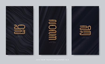 Set of black abstract background with 2023 new year golden logo. Template design with gold metal number of year. Wallpaper with aspect ratio 16:9.のイラスト素材