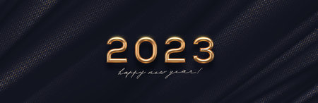 2023 new year golden logo on abstract black textile background. Greeting design with realistic gold metal number of year. Design for greeting card, invitation, calendar, etc.のイラスト素材