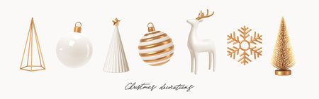 Set of white and gold realistic Christmas decorations. 3d render vector illustration. Design elements for greeting card or invitation.のイラスト素材